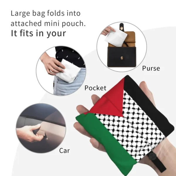 Black and white kufiya reusable bag folded and unfolded
