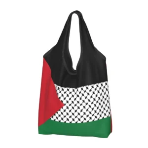 Black and white kufiya reusable bag folded and unfolded